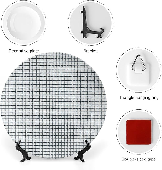 Geometric Asian Check Pattern China Plates Decor for Club Home Kitchen Personalized Halloween Idea Gifts Wall Hanging Decorative Plate with Vertical Stand, Multi Sizes by Choosing