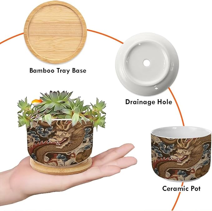5 Piece Antique Chinoiserie Dragon Small Ceramics Planter Chinoiserie Flower Pot Planter with Drainage Bamboo Trays Dragon Gold Oriental Style Asian Ceramics Pots for Plants