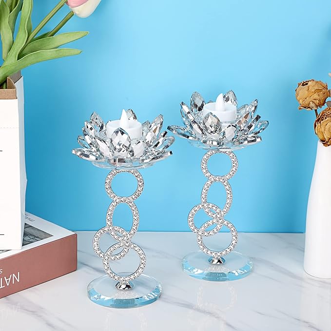 OwnMy Set of 2 Crystal Lotus Flower Candle Holders Metal Glass Lotus Pillar Candlestick Holders, Silver Crystal Lotus Tealight Candlesticks Votive Candle Stands for Wedding Table Centerpiece, 7.5" H
