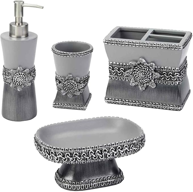 Avanti Linens - Accessory Set, Resin Tumbler, Toothbrush Holder, Soap Dish & Lotion Pump, Durable Bath Decor (Braided Medallion Collection, Granite)
