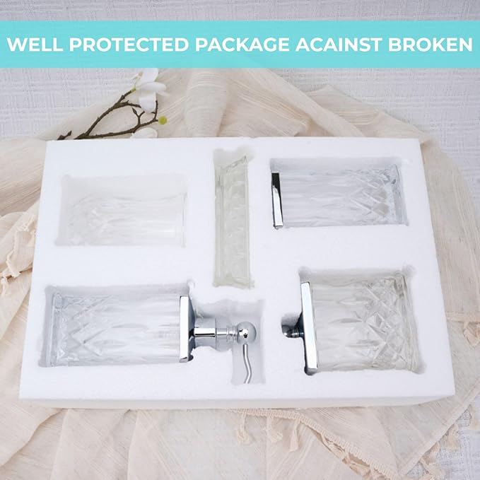 Bathroom Accessories Set,5 Pcs Clear Glass Bathroom Accessory Set,Complete Lotion Soap Dispenser,Toothbrush Holder, Soap Dish,Tumbler & Jar,Modern Bathroom Decor Sets Gift,Square