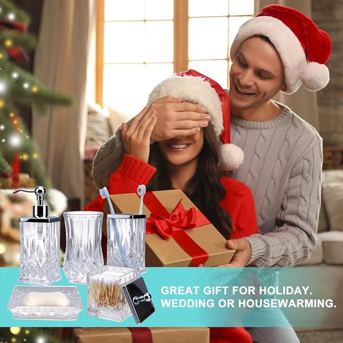 Bathroom Accessories Set,5 Pcs Clear Glass Bathroom Accessory Set,Complete Lotion Soap Dispenser,Toothbrush Holder, Soap Dish,Tumbler & Jar,Modern Bathroom Decor Sets Gift,Square