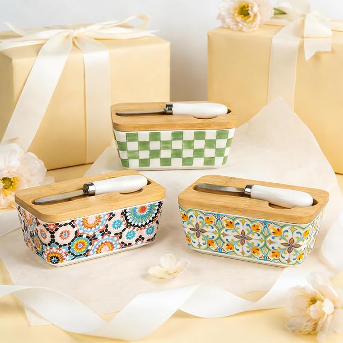 Butter Dish with Lid and Knife – 350ml Ceramic Butter Container with Bamboo Lid, Floral Cottage-Style Pattern, Airtight Butter Keeper for Countertop or Fridge, Farmhouse Kitchen Decor (Print-3)