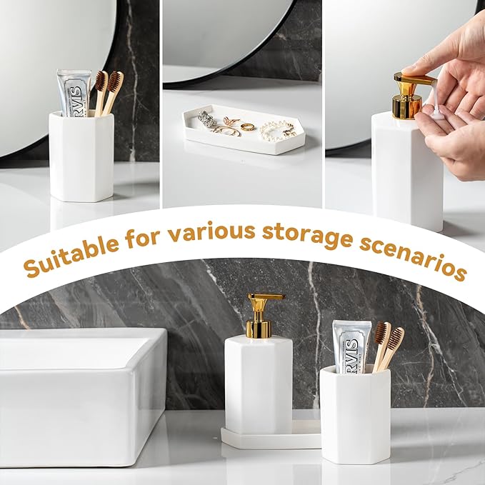 Ceramic Bathroom Accessories Complete with Soap Dispenser, Toothbrush Holder, Bathroom Tumbler, and Vanity Tray - Modern Bathroom Decor,3PCS (Gold)