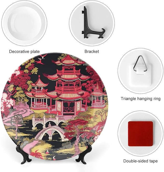 Chinoiserie Charcoal Coral Pagoda Asian China Plates, Personalized Asian Scenic Pagoda Hand-Painted Ceramic Decorative Plates, Office Festival Decorations Display, with 1 Display Stand
