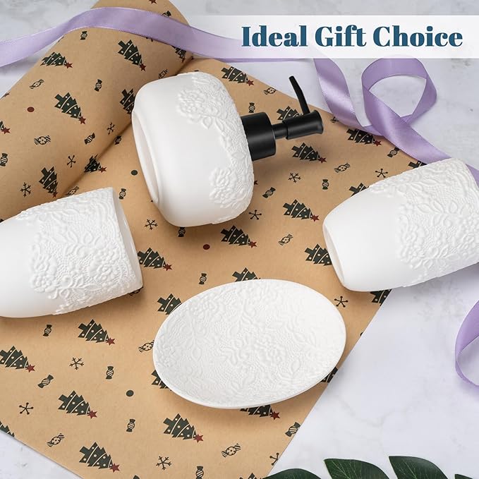 Bathroom Accessories Set, 4pcs Ceramic with Embossed Design Look Sets Bathroom Soap Dispenser 13.5oz & 2Pcs Ceramic Cup, 1Pcs Soap Dish