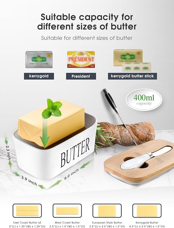 AISBUGUR Butter Dish with Lid Ceramics Butter Keeper Container with Knife and High- quality Silicone Sealing Butter Dishes with Covers Good Kitchen Gift, Set of 2, White