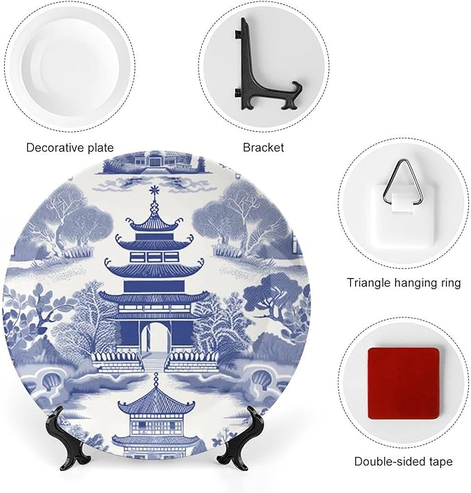 Chinoiserie Blue Asian Pagoda Decorative Plate of 6", 7", 9", 10", Personalized Hand Painted Wall Hanging Decor, Club Festival Decorations Household, Unique Art with Stand