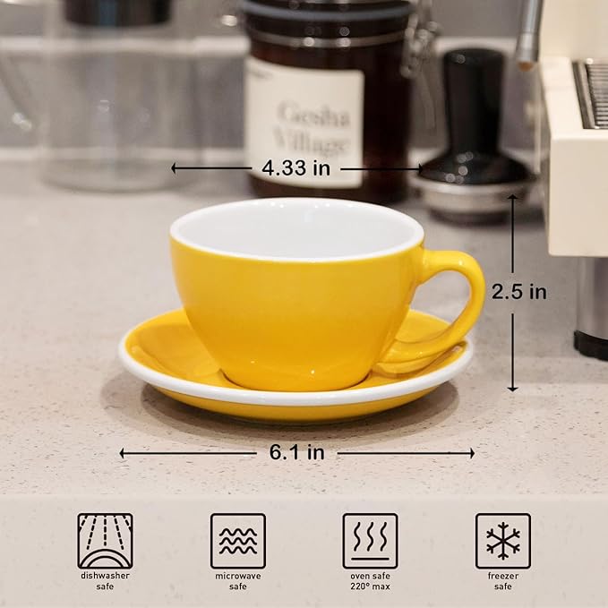 Loveramics Latte Art Mug with Saucer, 10 oz Ceramic Coffee cups with Round Bottom for Latte, Cappuccino, Tea, Espresso, Thick-walled Stoneware Cup Set for Barista - Regular Colours (Yellow, 10OZ)