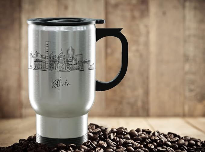 Kolkata Skyline Steel Mug, Asia Skyline 14oz Travel Mug with Handle & Lid Custom Travel Tumblers, Gift For Birthday, Spill Resistant Tumblers for Women, Personalized Tumbler