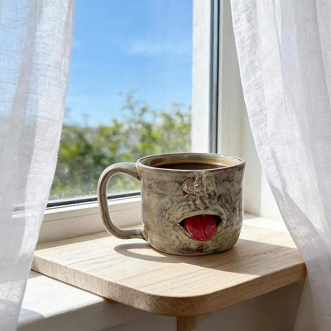 Handmade Face Shaped Ceramic Mug, Funky Novelty Sculptural Coffee Cup with Tongue, Unique Artisanal Pottery for Tea or Coffee, Perfect Gag Gift for Friends, Office & Home Decor (1pc)