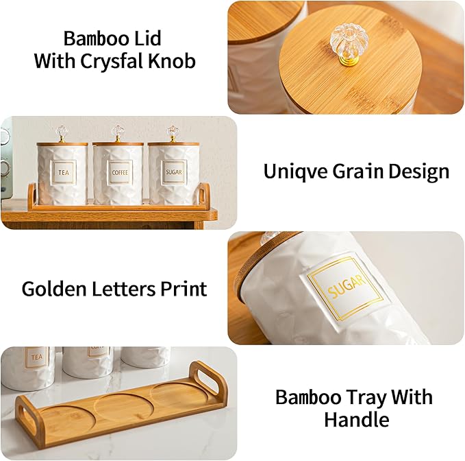 Set of 3 Ceramic Canisters for Sugar Coffee Tea with Tray, White Airtight Food Storage Jars with Wood Lids, Kitchen Counter Storage Containers - 23oz