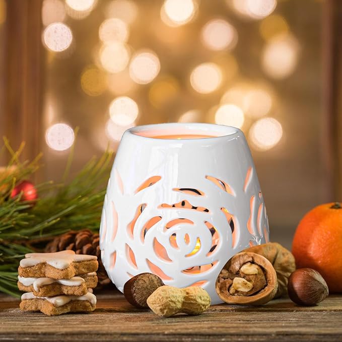 White Ceramic Rose Hollow Candle Holder – Creative Aromatherapy Essential Oil Burner, Wax Melt Diffuser & Tealight Candle Holder for Home Bedroom Decor, Perfect Christmas & Housewarming Gift