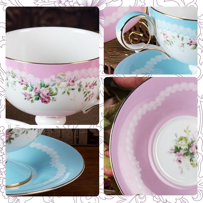 KAMMAK Ceramic Coffee Cups Saucers Set of 2, Porcelain Espresso Cups with Saucers, 6.52 oz Handmade Elegant Bone China Tea Cup, Ceramic Floral Pattern Demitasse for Latte, Americano, Cappuccino