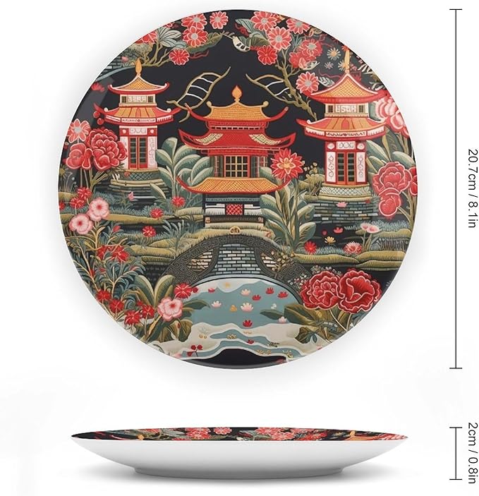 Chinoiserie Charcoal Coral Pagoda Asian Decorative Plate of 6", 7", 9", 10", Custom Oriental Chinoiserie Porcelain Dessert Plate Set, Club Housewarming Gifts Decorations Table, with 1 Display Stand