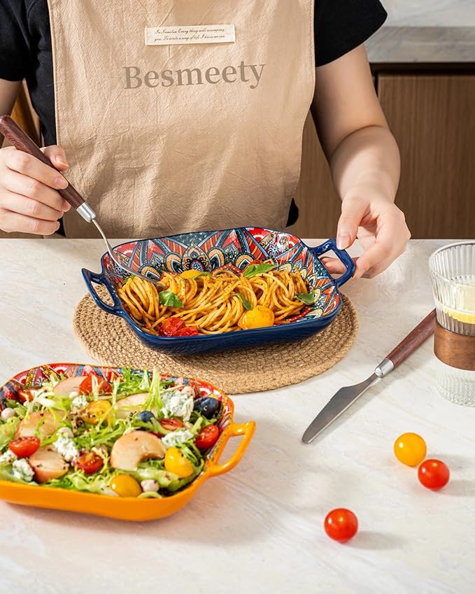 Besmeety Square Pasta Bowls with Handle, Boho Salad Serving Bowls Set of 2, Ceramic 7.09" Pasta Plates for Housewarming Present, Party (Orange+Blue)