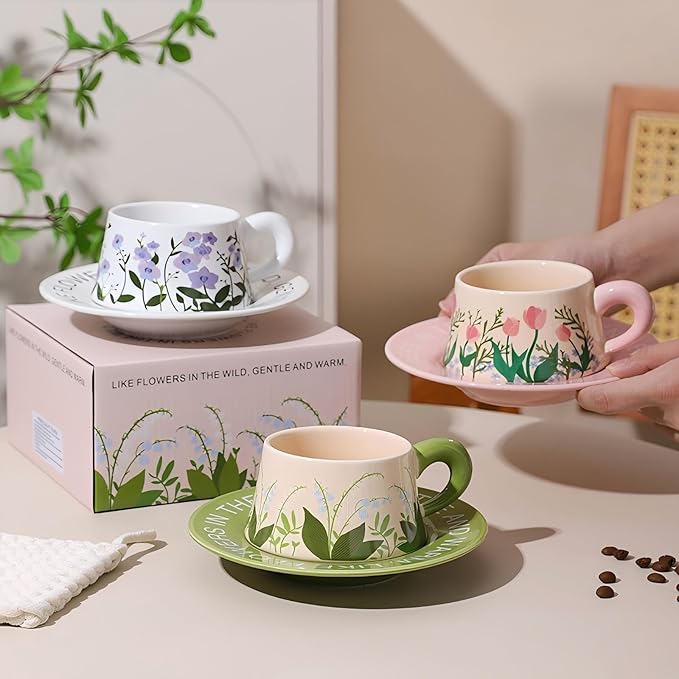 Cute Ceramic Coffee Mug and Saucer Set for Women, Spring Floral Embossed Design, 9.5oz/280ml, Perfect for Home, Office & Holiday Gifts (Green Lily of the Valley)