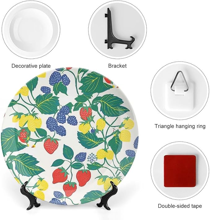 Plates Ceramic Summer Cherry Lemon Citrus Garden Personalized Decor for Wedding Household Table Office Design Collector Plates Including Bracket And Special Hook, Multi Sizes, Gifts for Men Women