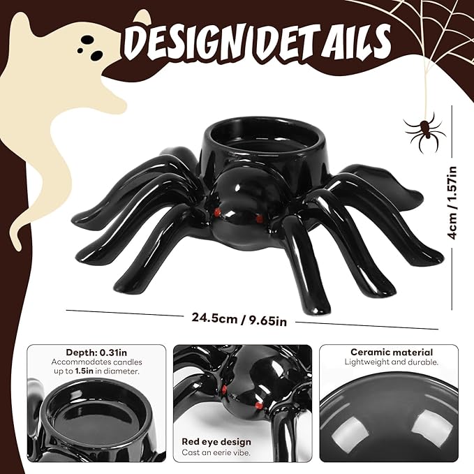 Halloween Candle Holder Black Spider Ceramic Candle Holder Halloween Decorations for Home Office Table Centerpiece, Scary Spider Tealight Candlestick for Party Decoration