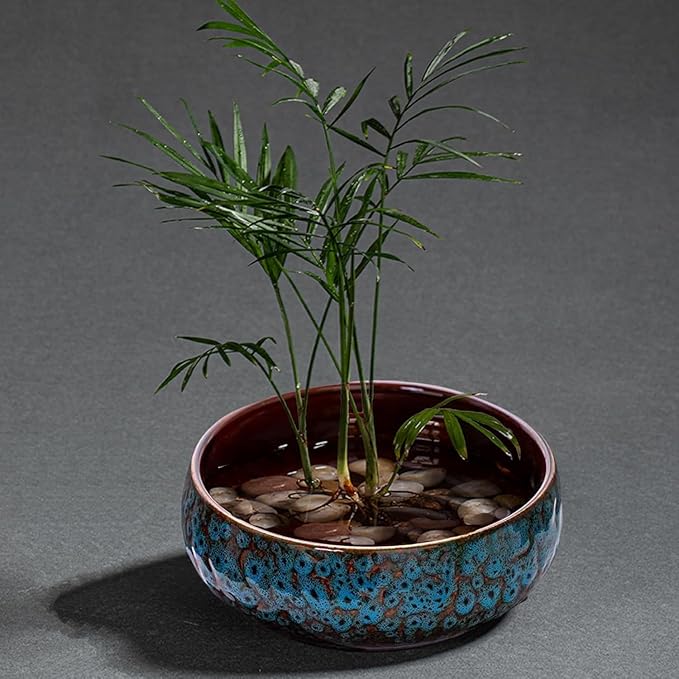 Ceramic Lotus Bowl Planter, Lotus Pots for Water Plants Indoor, Large Caliber Flow Glaze Non-Porous Hydroponic Container, Succulent Pots, Leak-Proof Design (Blue Peacock Pattern) 6.6in*2.7in