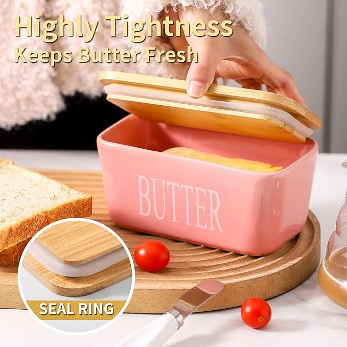 Hasense Butter Dish with Lid, Large Butter Dish for Countertop, Porcelain Butter Keeper Container with Knife, Airtight Butter Container with Cover,Pink