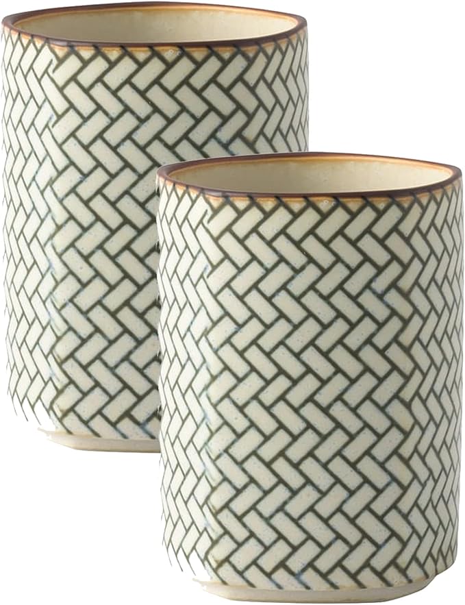 IPPINKA Japanese Porcelain Yunomi Tea Cup - Mino Ware - Set of 2 - Komon Pattern - Made in Japan