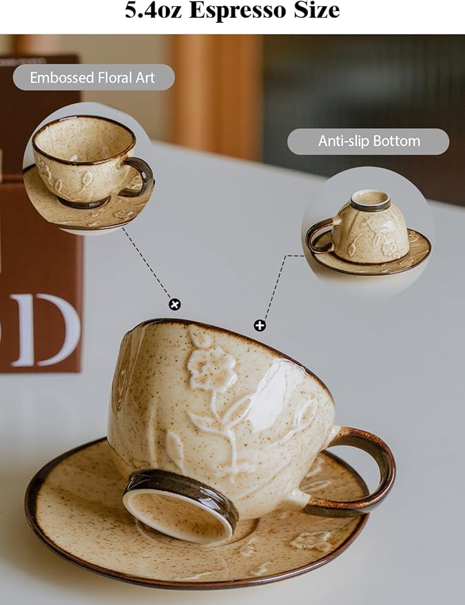 Ceramic Coffee Cup and Saucer Set 5.4oz (160ml), Beige Embossed Espresso Cup with Plate, Small Cappuccino Cup for Home, Kitchen, Café
