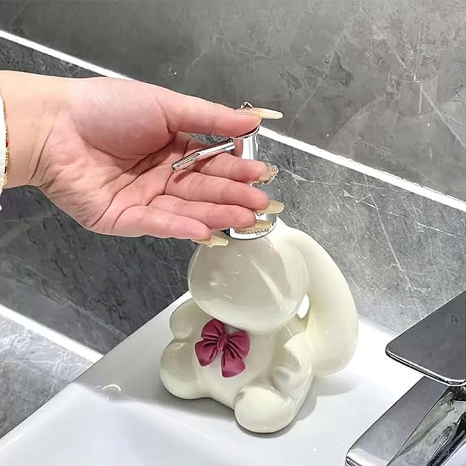 Cute Rabbit Ceramics Countertop Soap Dispenser, 11oz/320ml Elegant Long Eared Rabbit Design Hand Dish Lotion Dispenser for Kitchen, Bathroom and Bedroom (White)