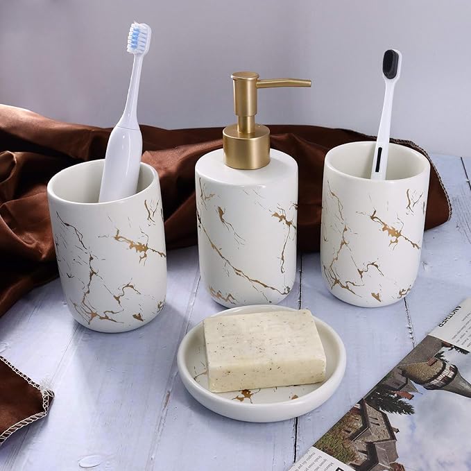 White Marble Ceramic Bathroom Set (4-Piece) - Elegant Soap Dish, Gold Pump Dispenser & Tumblers for Vanity, Sink & Bathroom Decor