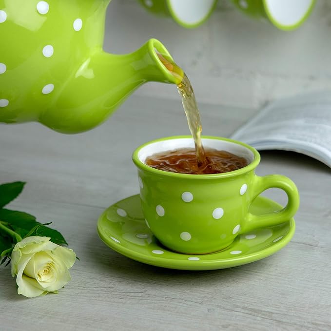 City to Cottage Handmade Lime Green and White Polka Dot Ceramic 8.4oz/250ml | Cappuccino, Coffee, Tea Cup and Saucer, Unique Designer Pottery Gift for Tea Lovers