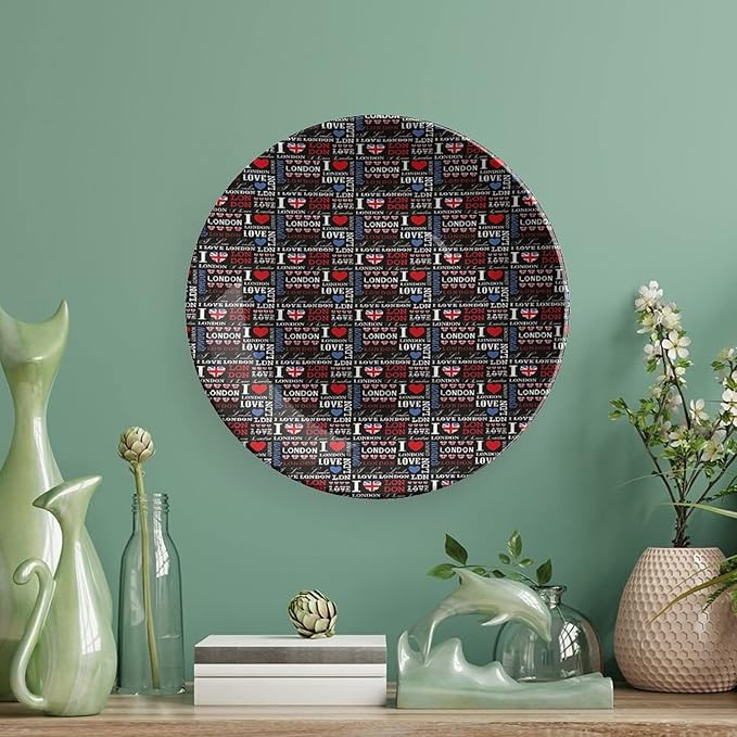 XISUNYA 8 Inch Decorative Plate, London Tableware Plate, Cute Valentines Hearts I Love London Quote Travel Print Ornament Display Plate Handmade Plate Wedding Gifts, Multicolor