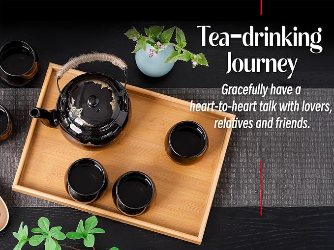 Traditional Japanese tea set, Japanese teapot set, Asian Black glazed tea set with 1 Teapot, 6 Tea cups, 1 Tea strainer, 1 Tea tray (Landscape Black)
