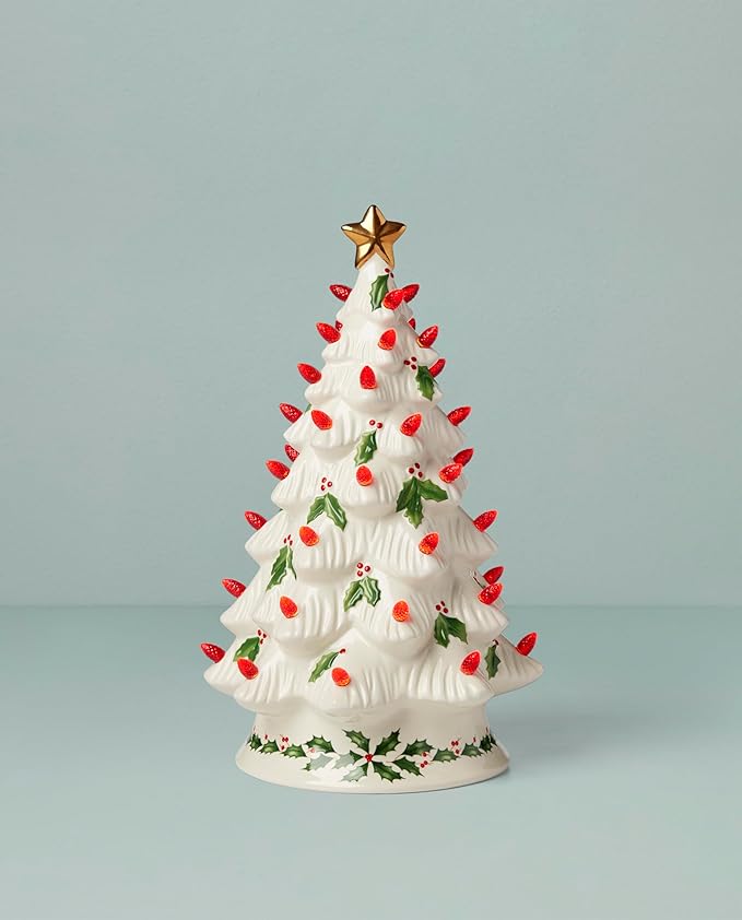 Lenox 893624 Treasured Traditions Holiday Red Bulbs Lit Tree, Christmas Decor