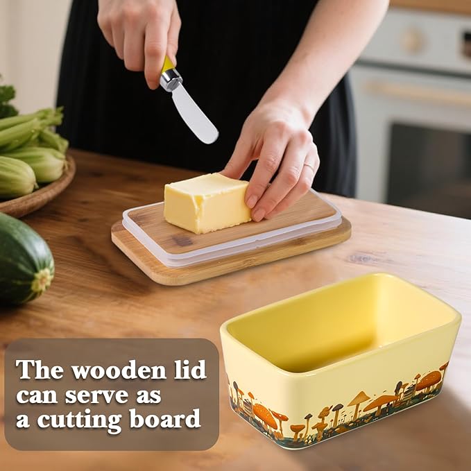 Mushroom Butter Dish with Lid,Large Butter Crock Keeper Saver,Ceramic Butter Container for Countertop with Highly Sealed Silicone Thick Wooden Lid for Kitchen Farmhouse Decor (Yellow, Mushroom)