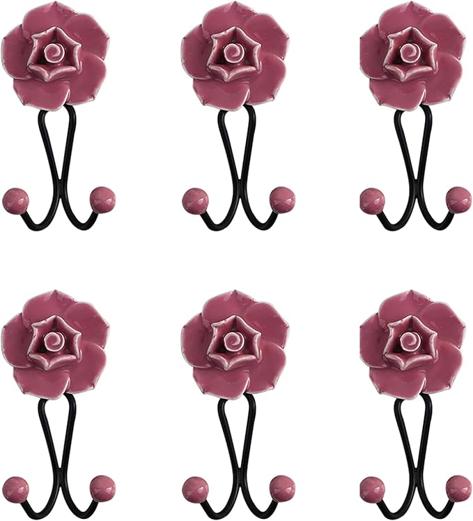 IndianShelf Packs of 6 Ceramic, Zinc Decorative Cute Hooks for Hanging Coats, Jackets, Leash, Hat, Towel, Backpack, Purse, Handbag : White