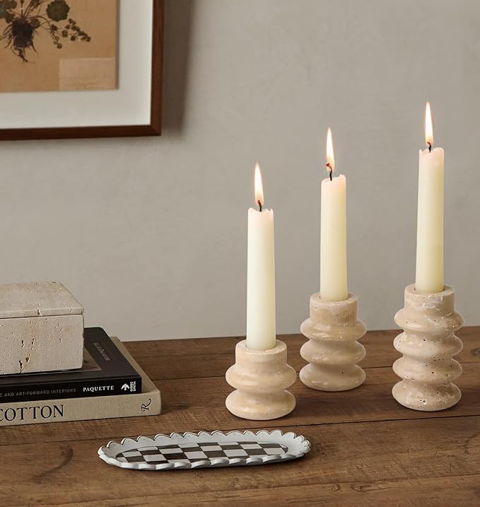 Vixdonos Natural Stone Candle Holder Set of 3 Taper Candle Candlestick Mantle Candle Stand for Home Decor,Wedding,Party and Table Centerpieces(White)