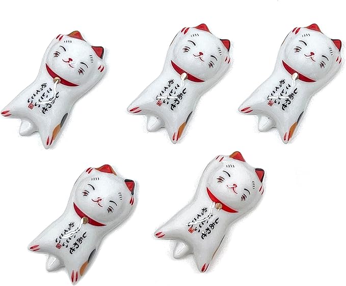 Wooden Chopsticks Reusable 5 Pairs Gift Set with 5pcs porcelain rest Lucky Cat Design Hand-Made 8.8 Inch/22.5cm