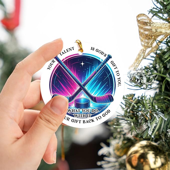 Ice Hockey Christmas Ornament -Round Ceramic 3", Holiday Tree Decoration Keepsake, Hockey Player for Boys Girls