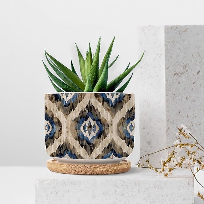 DreamAutumn Indigo Ikat Abstract Blue Ceramic Pots for Plants with Drainage Holes Round Flower Pot Bamboo Tray Orchid Pot Succulents Pots for Outdoor Indoor Plants,Housewarming Gifts