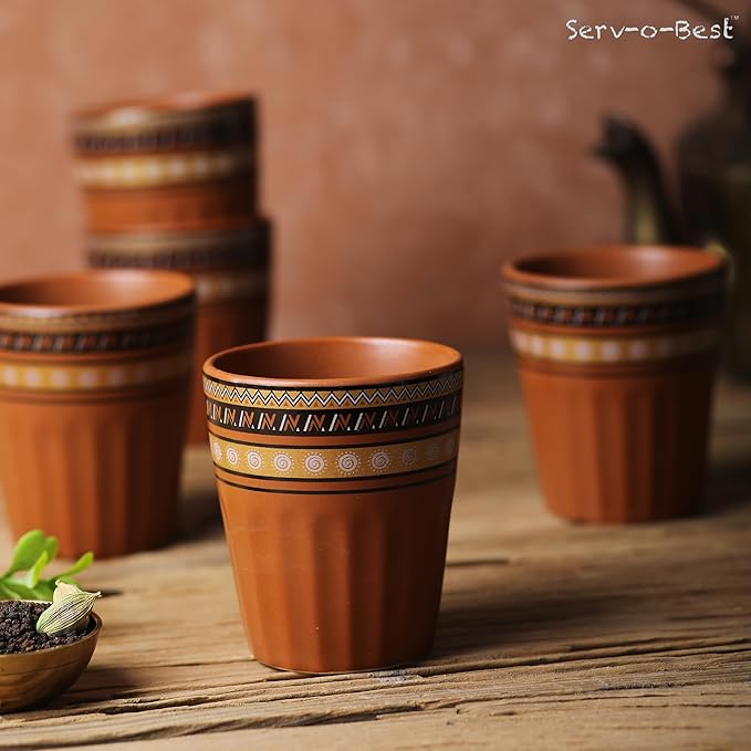 Handmade Cantaritos de Barro Ceramic Tea Cups Set – 6 Desi Kulhad Chai/ Coffee (5 oz Capacity), Lead-Free, Dishwasher & Microwave Safe, Glazed, finish Clay Tea/ kulhar/ kullar - Brown Rangoli desgin