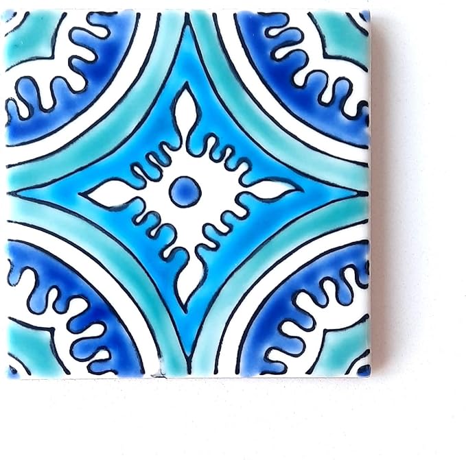 DŸARI Decorative Ceramic Tiles – Hand Painted Indoor & Outdoor Floor Tiles – Spanish Artisan Tile Top Kitchen – Mediterranean Decorative Tiles 4” × 4” – Durable Colorful Floor Tiles – 140 g (Eau V 5)