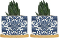 Blue Regalia Lion Ceramic Planters Chinoiserie Geometric Print Planters for Indoor Plants with Drainage Holes and Saucers Pot for Home Desktop Office Windowsill