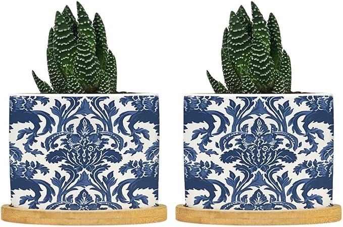 Blue Regalia Lion Ceramic Planters Chinoiserie Geometric Print Planters for Indoor Plants with Drainage Holes and Saucers Pot for Home Desktop Office Windowsill