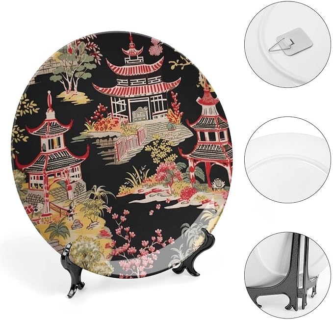 Chinoiserie Charcoal Coral Pagoda Asian Ceramic Decorative Plate, Ancient China Chinoiserie Pagoda Customize Hanging Decorative Tiles for Display Household Home Decor, with 1 Display Stand Art Decor