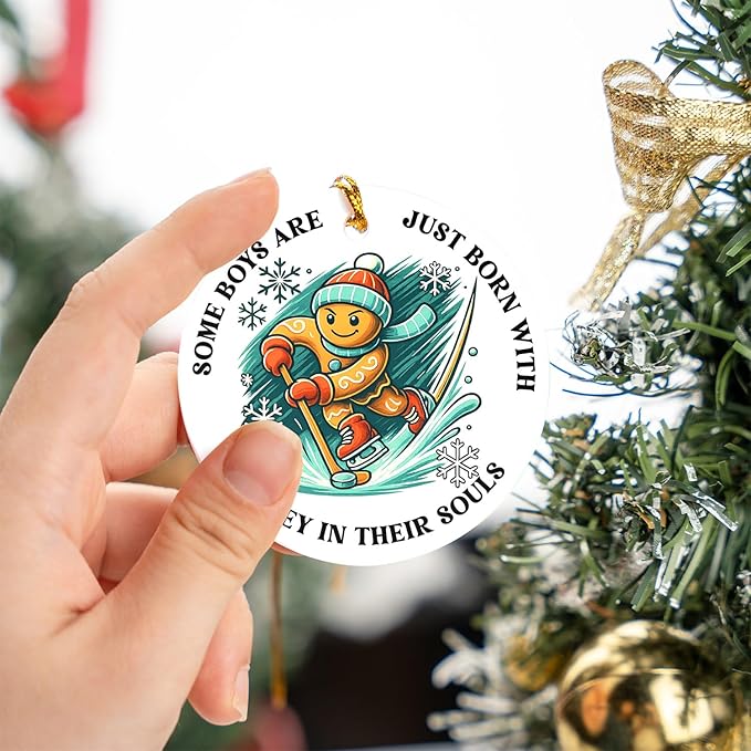 Ice Hockey Christmas Ornament -Round Ceramic 3", Holiday Tree Decoration Keepsake, Hockey Player for Boys