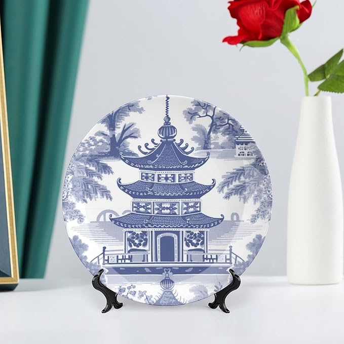 Chinoiserie Blue Asian Pagoda China Plates for Display Home Art Decoration Supplies Wedding Table Holiday Party Decorations Customize Gifts for Men Women Halloween, 6", 7", 9", 10"
