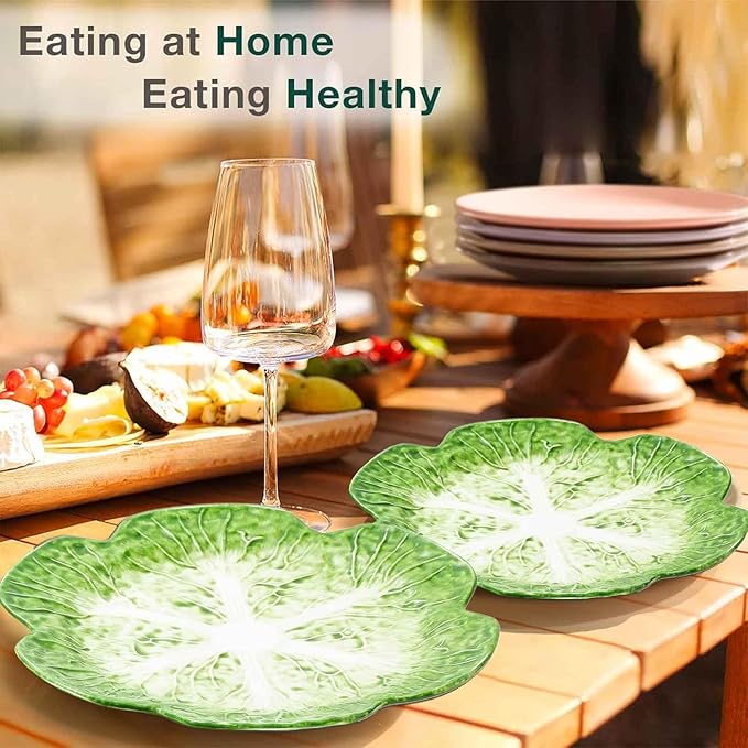 1 Pcs Green Ceramic Salad Plate, 10.5 Inch Porcelain Decorative Plates for Kitchen, Round cabbage dishware for Dessert, Decorative, Dinner, Pancakes, Steak, Cabbage Plate Microwave & Dishwasher Safe