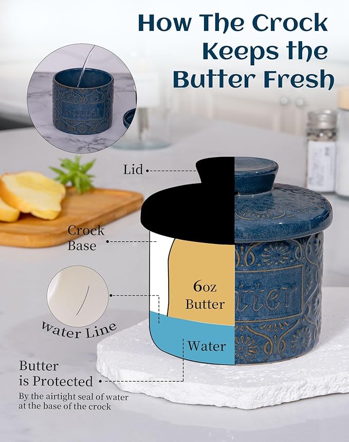 TEATALK Ceramic French Butter Crock - Vintage Relief Pattern Butter Keeper with Water Seal, 6.7oz Midnight Blue Butter Dish for Fresh Spreadable Butter, Farmhouse Kitchen Decor & Gift