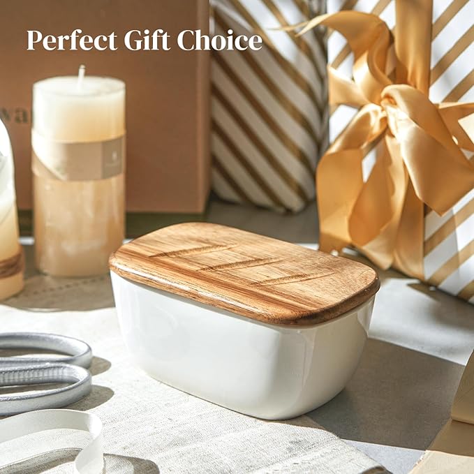 DOWAN 6.5" Large Butter Dish - Ceramic Butter Dish with Lid for Countertop - White Butter Keeper Holds Up to 3 Sticks - Butter Holder and Container with High-Quality Silicone Sealing