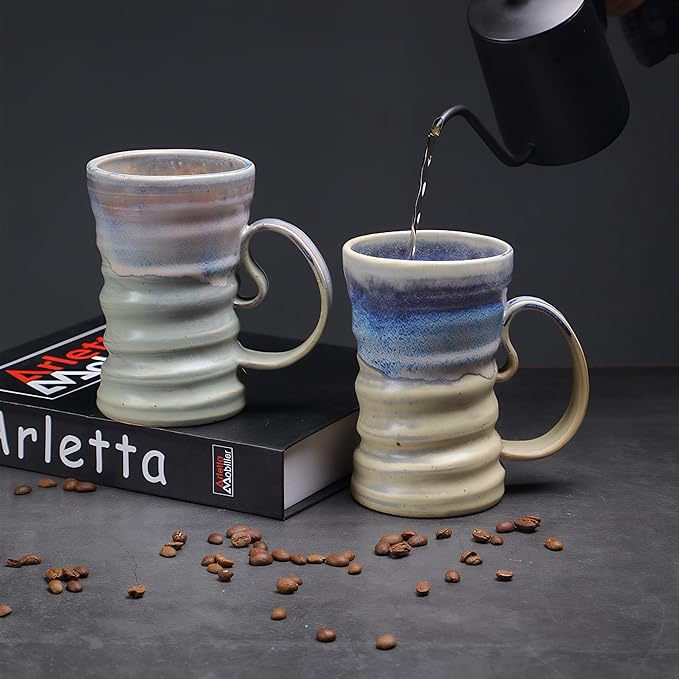 17oz Large Unique Cool Tall Handmade Ceramic Coffee Mug with Comfortable Big handle, Big Pottery Tea Mug, Artisanal Stoneware Coffee cup, Rustic Lead-free Tea Cups, Microwave safe Coffee Cup